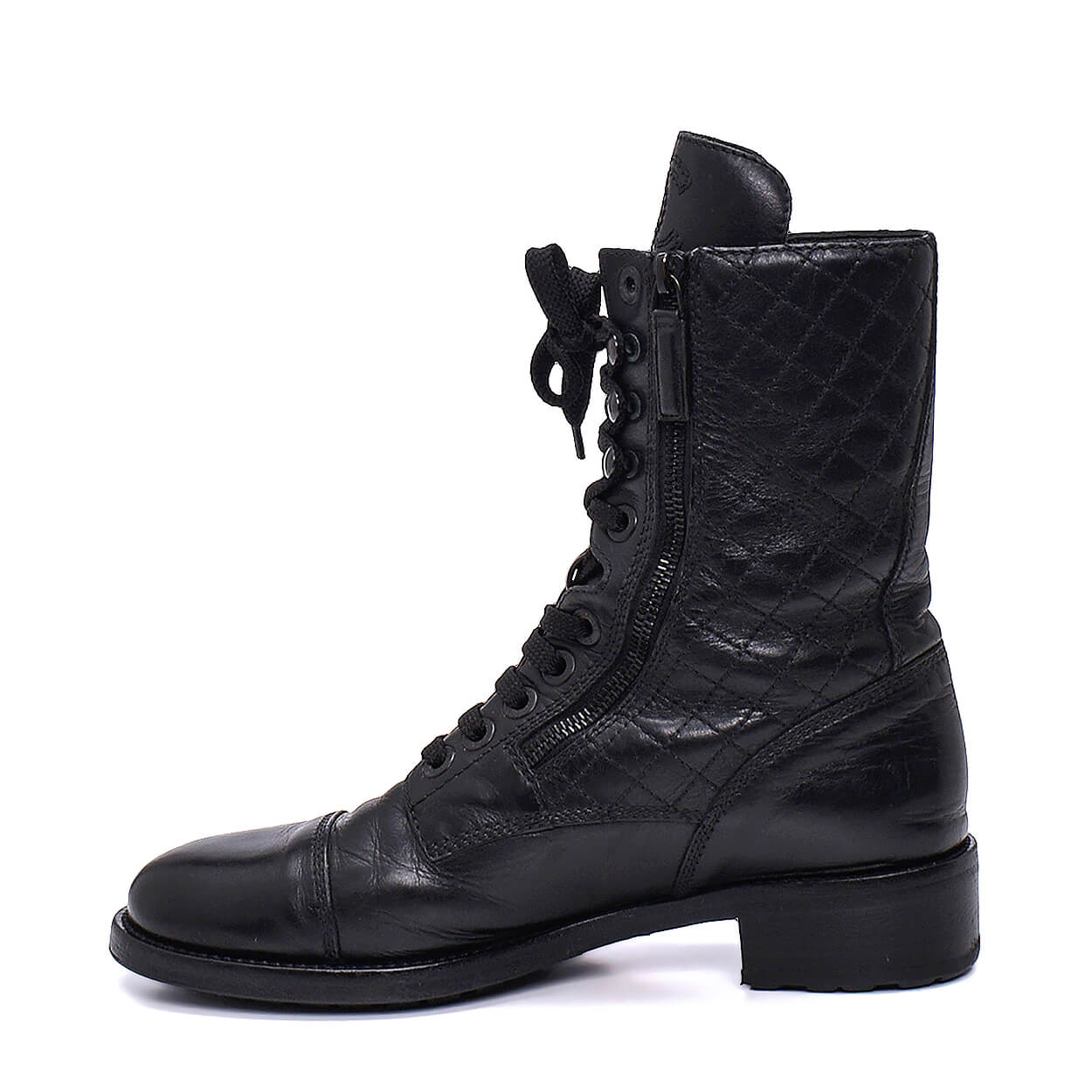 Chanel - Black Quilted Leather  Lace Up Boots